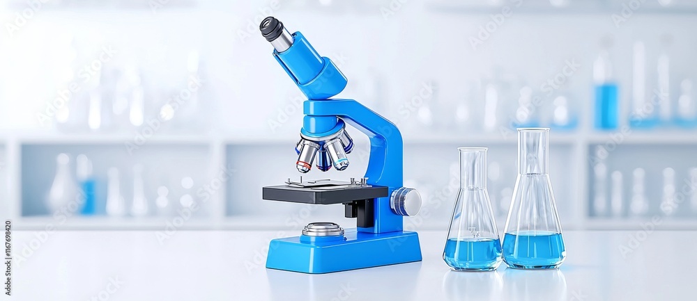 Poster a science lab setup featuring a microscope and beaker, used for research in a medical context.