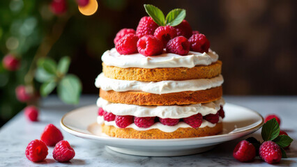 Layered raspberry cake with whipped cream and fresh mint garnish
