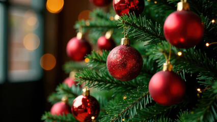 Obraz premium Festive red christmas ornaments on evergreen tree with soft holiday lights