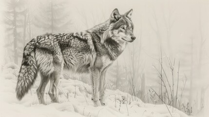 Obraz premium Majestic wolf in snowy forest, winter wildlife.