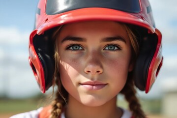 Close up portrait pensive middle school girl softball player wearing batting helmet