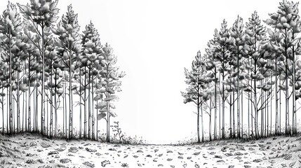 Monochrome illustration of a pine forest path.