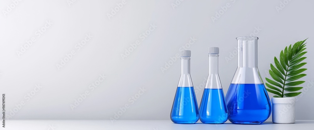 Poster an array of laboratory glassware with transparent liquid solutions, symbolizing research and develop