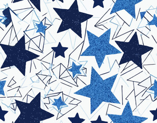 Abstract Minimalist Seamless Pattern in Memphis Aesthetic. Vector Texture with Blue Sparkle Star Shapes and Lines Isolated on White Background