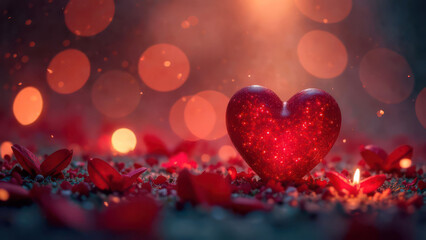 Obraz premium Glittering heart with red petals and candlelight in romantic bokeh