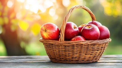 Rustic Basket with Red Apples on Outdoor Table