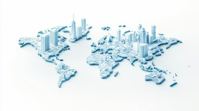 3D map of the world with skyscrapers in a blue color scheme.