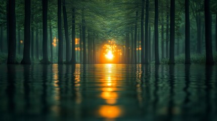 Sunlit path through flooded forest at dawn.