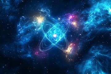 Luminous atom core, vibrant cosmic nebula.