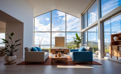 Tranquil japandi inspired living space with beige and blue upholstered armchairs and natural lighting Japandi interior design interior design japandi style modern