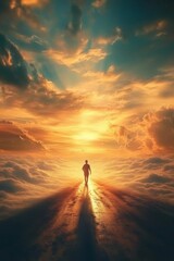 Solitary figure walks path, sunset cloudscape.