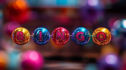 Glowing neon sign text "BINGO" in the form of balls. Blurred abstract bingo hall in the background.