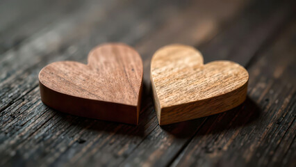Wooden heart-shaped decorations on rustic wooden surface