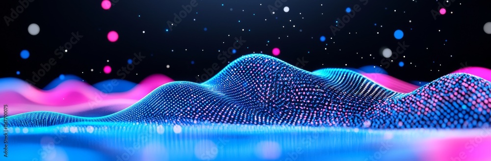 Poster a digital wave of dots forming an abstract technology stream background. 3d rendering of a network c