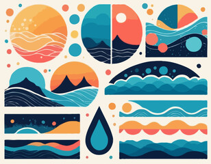 Vector Set of Template Dividers with Drops, Waves and Geometric Shapes. Abstract Design Elements for Top and Bottom on Website, App, Banners or Posters. Isolated Illustration