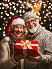 family, holidays, christmas, age and people concept - happy senior couple with gift box over lights background
