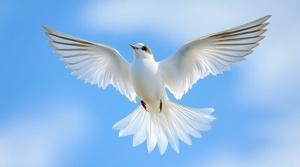 Obraz premium White bird, wings spread, soaring blue sky.
