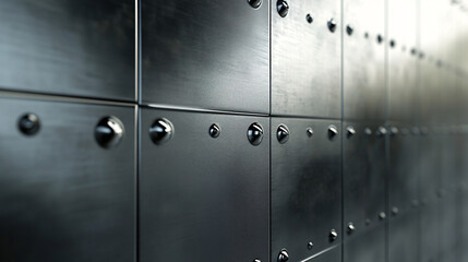 A sleek metallic wall with riveted steel panels arranged in a structured pattern reflecting light and creating depth  
