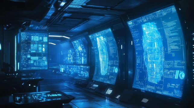 Futuristic spaceship interior with holographic displays showing data and maps.