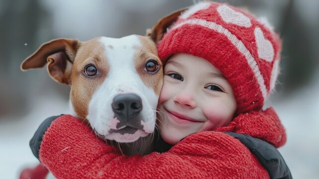 Valentine dog and pet affection idea. A child hugs a dog in a snowy setting, both smiling warmly.