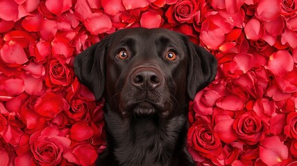 Valentine dog and pet affection idea. Black dog surrounded by vibrant red roses.