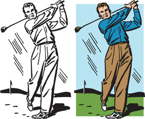 A vintage retro illustration of a man swinging a golf club at a golf course.
