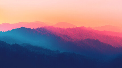 Fototapeta premium A serene mountain landscape with a vibrant pink and blue gradient sky at sunset creating a soft atmospheric and dreamy natural view 