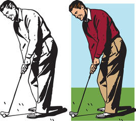 A vintage retro illustration of a man putting a golf ball at a golf course. 