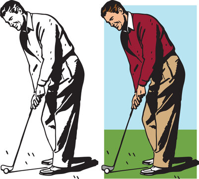 A vintage retro illustration of a man putting a golf ball at a golf course. 