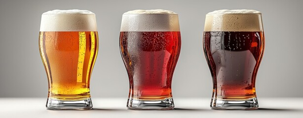 Craft beers selected in elegant glasses, exhibiting vibrant colors and foamy heads, ideal for any beer enthusiast or event