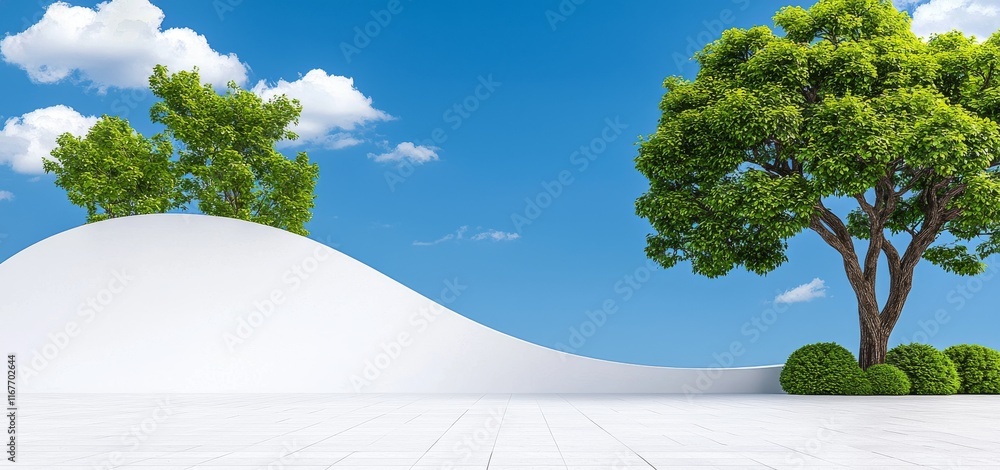 Poster a surreal white minimal architecture background in 3d render, showcasing geometric shapes, an abstra