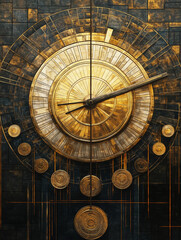 Obraz premium Surreal illustration of an antique clock with a golden coin dial, currency symbol markers, and hands transforming into growth graphs, set against a classical art-inspired background in muted tones. Ge