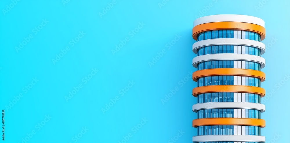 Poster a low angle perspective of a futuristic building, featuring an office skyscraper with curved glass w