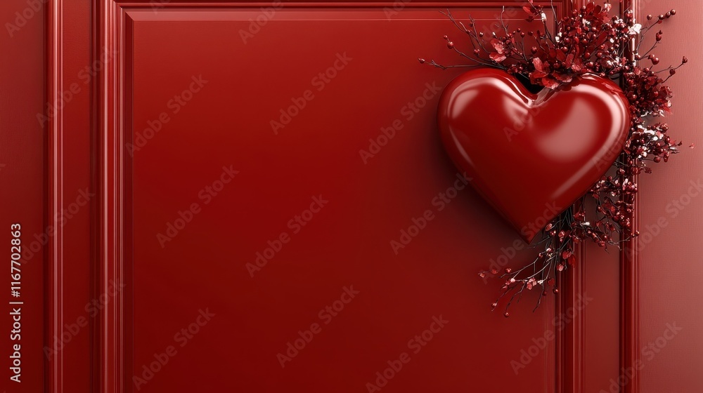 Poster valentine's day setting with a romantic touch, a red heart frame against a red backdrop. side view, 