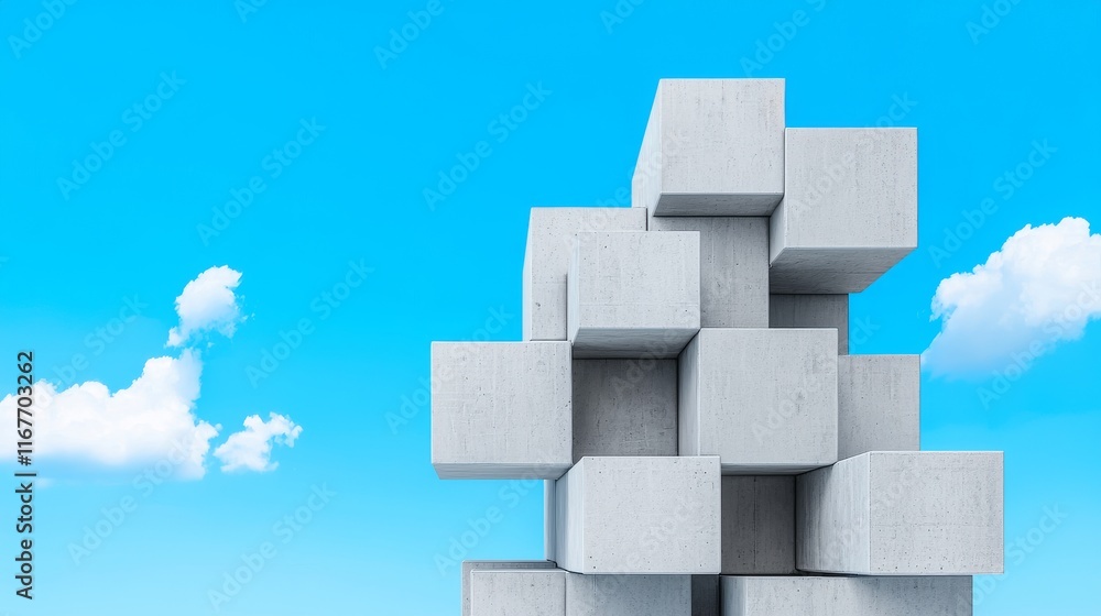 Poster a brutalism-style concrete building. an abstract architectural 3d rendering with a sky in the backgr