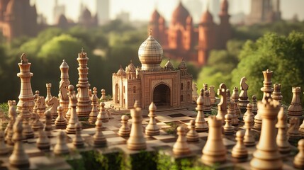 Delhi Cityscape Crafted with Chess Kings: A Symbolic Fusion of Strategy and Urban Art