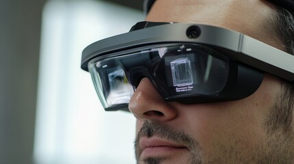 Man wearing augmented reality glasses, viewing digital data overlay.