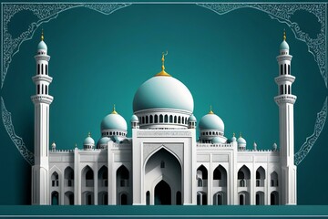 Majestic white mosque with teal background representing islam and ramadan
