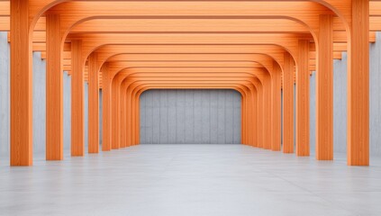 An abstract futuristic architectural 3D render with a vacant concrete floor, ideal for showcasing products and cars, offering copy space, and showcasing a geometric structure design.