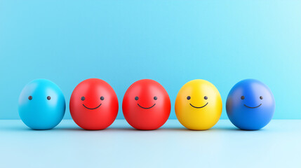 Huevos de colores con caras sonrientes sobre fondo azul