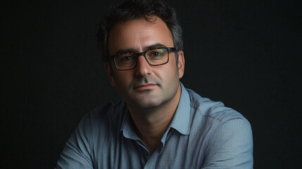 Fototapeta premium Retrato de hombre con gafas y camisa azul sobre fondo oscuro