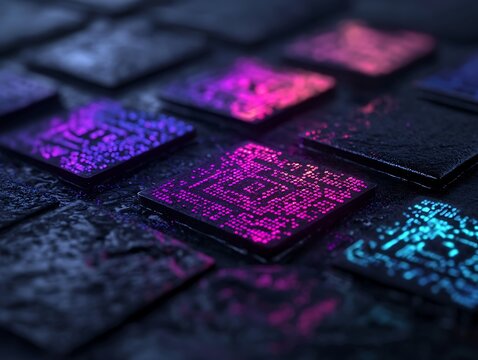 Abstract futuristic QR code patterns with neon lights on black