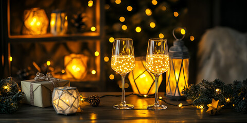 Champagne Glasses with Festive Holiday Decor