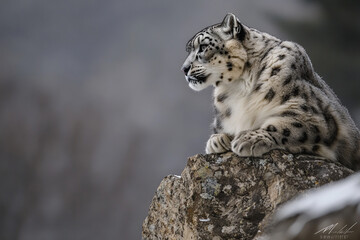 Majestic snow leopard rests on a rocky outcrop in its natural habitat during twilight hours. Generative AI