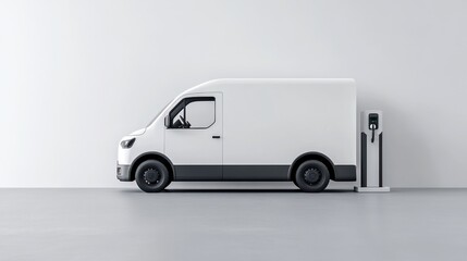 White electric van charging at a station against a white wall.