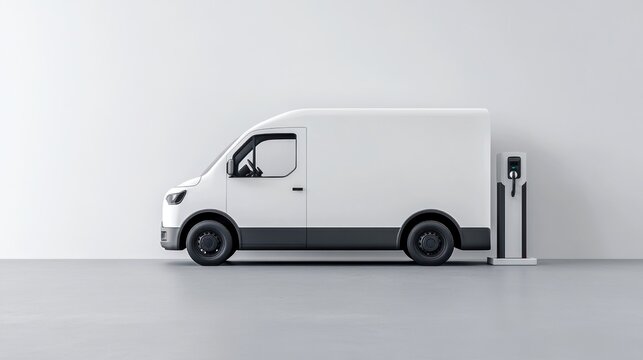 White electric van charging at a station against a white wall.