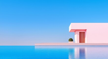 A 3D rendering of contemporary architecture featuring warm interior lighting and a small pool set against a mountain backdrop, showcasing architectural design concepts.
