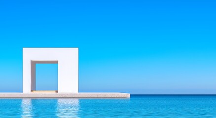 An architectural design concept depicted through a 3D rendering of modern architecture, highlighted by warm interior lighting and a minimal pool, with a mountain background.