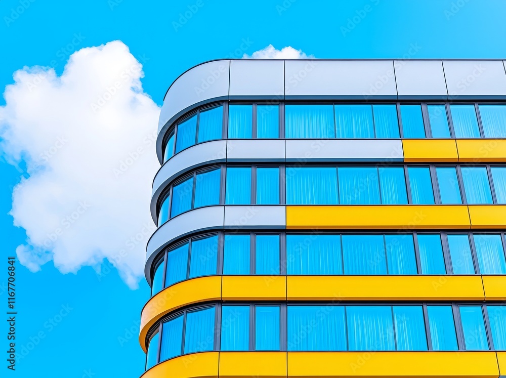 Poster view of a tall skyscraper with a dark steel window system reflecting clouds on the glass. a business