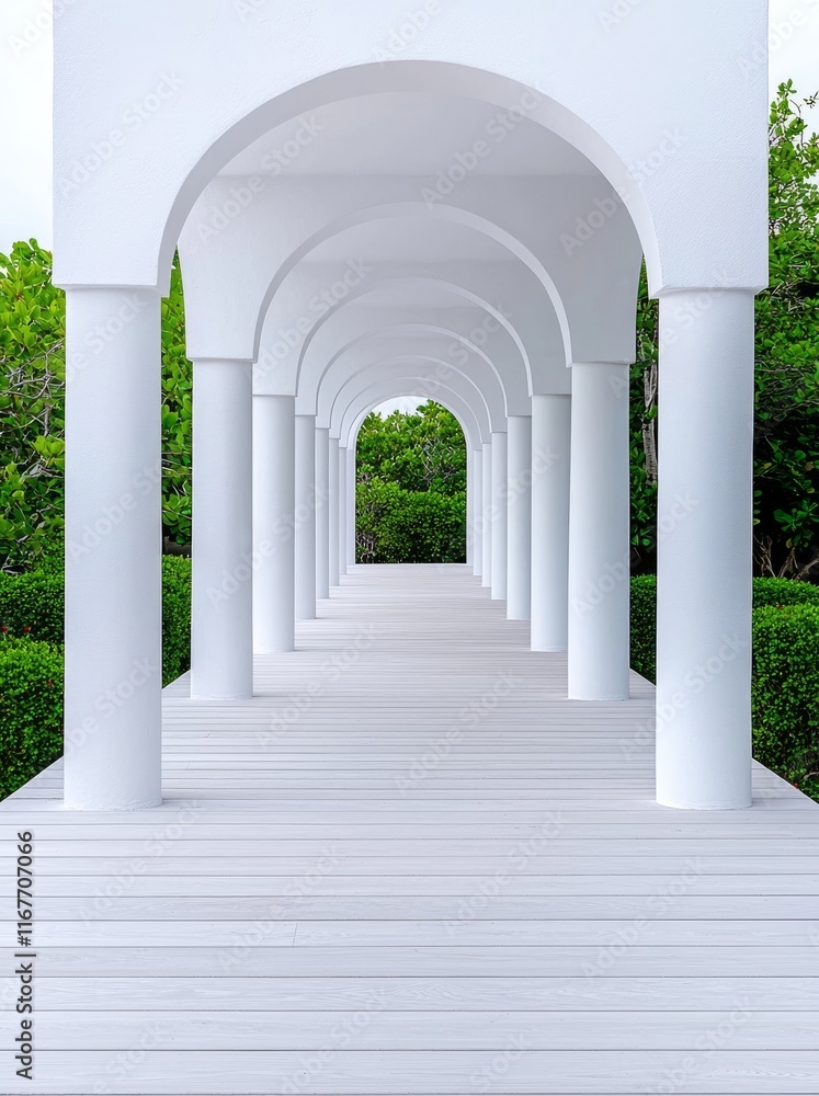Poster the architecture features white columns, a modern building with geometric designs, and an abstract b